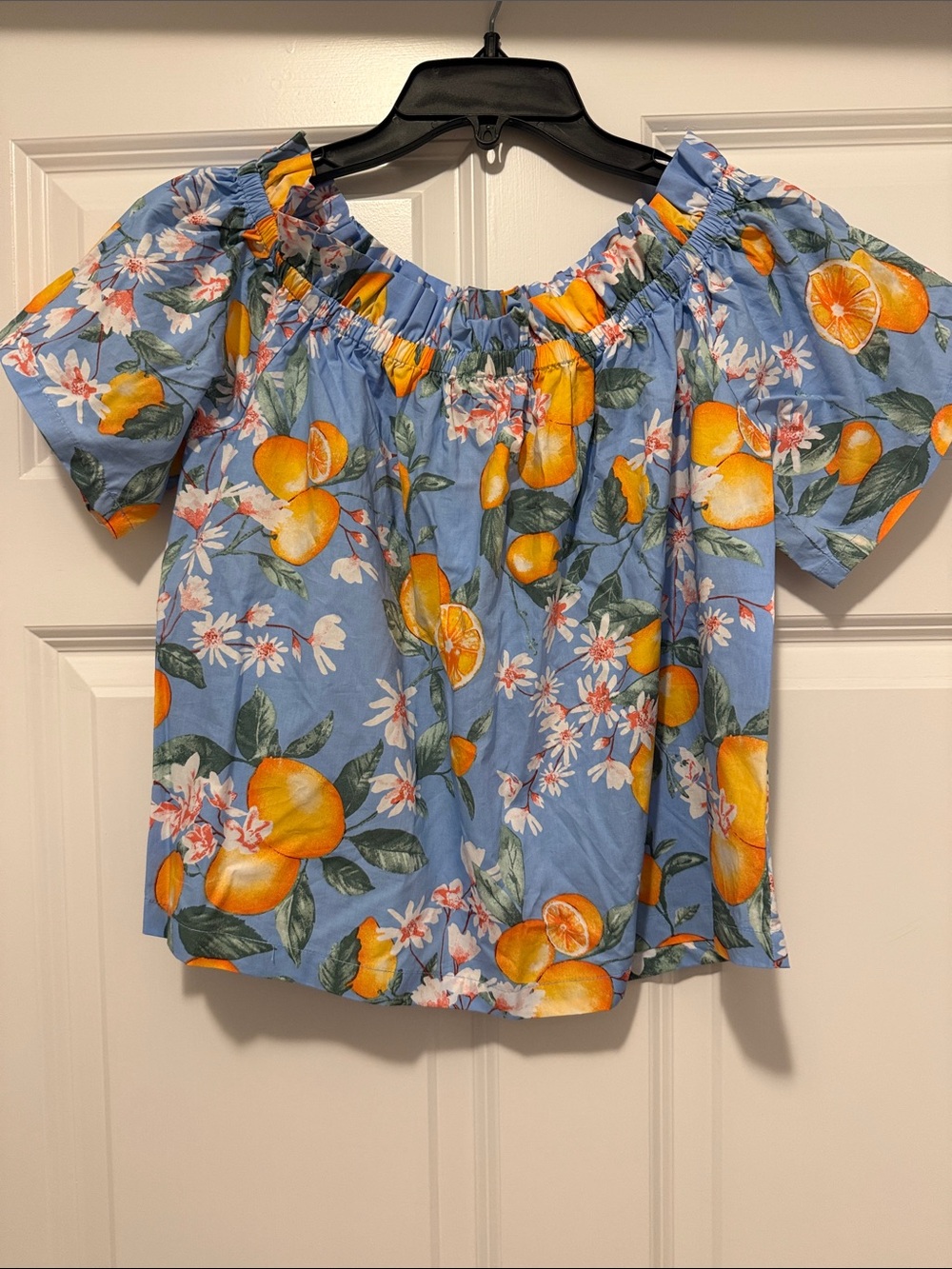 Skies Are Blue Blue Off-Shoulder Top with Orange Citrus Print